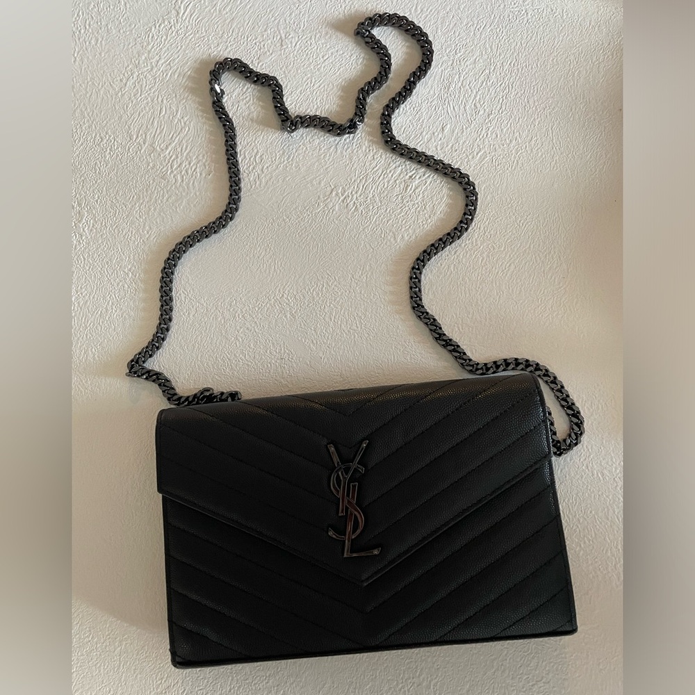 YSL Cassandre Envelope Chain Wallet- black leather